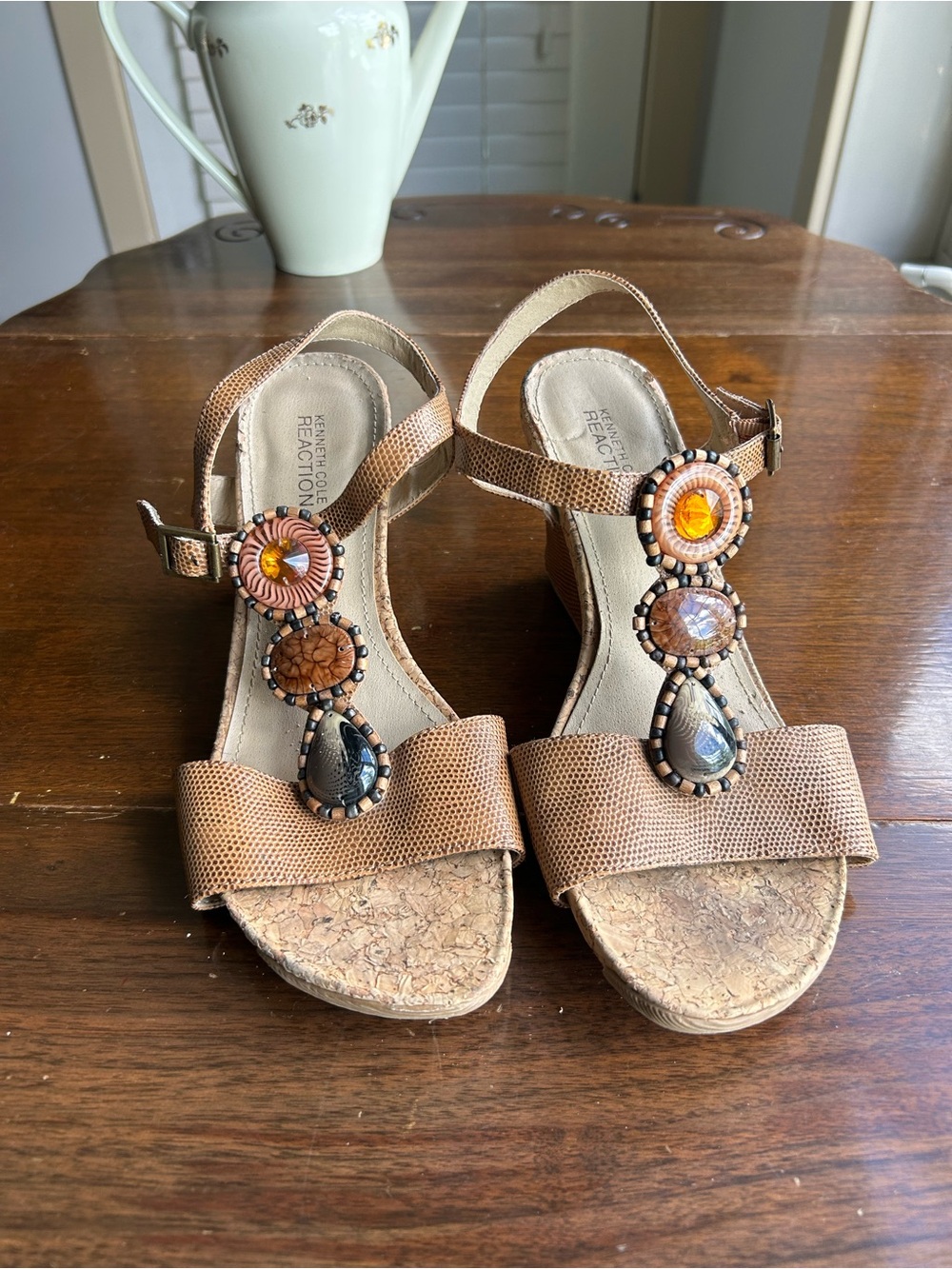 Kenneth Cole Reaction Tan Beaded Cork Wedge Sandals Boho Summer Shoes
